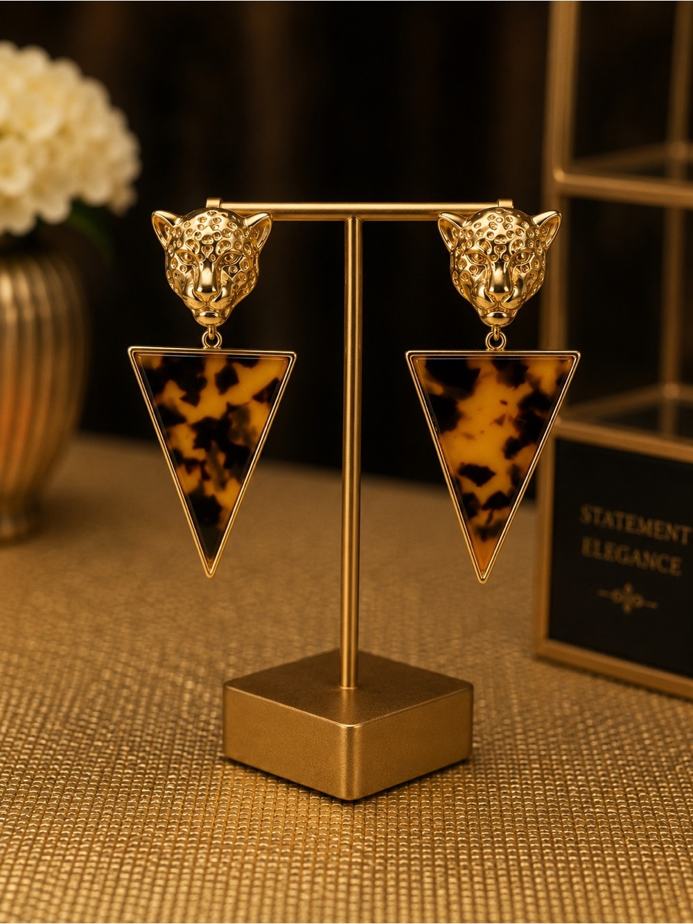 Gold Tone Leopard Head Tortoiseshell Triangle Drop Earrings